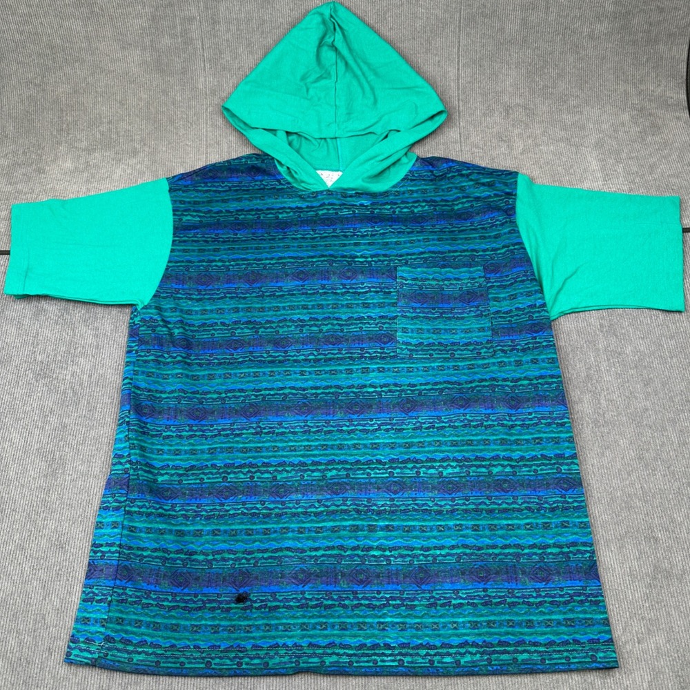 Vintage Hooded 90s Surf Shirt Geometric Tribal Print Short Sleeve Green Blue Y2k
